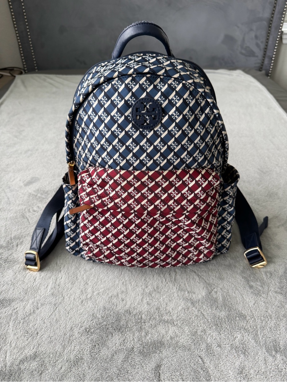 Tory Burch Navy and Burgundy Geometric Logo Backpack